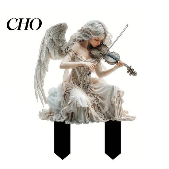 Retro Angel Decoration Garden Stake, Playing The Violin 2D Acrylic Decoration, Waterproof Yard Art Stake for Outdoor Lawn Planter Decor Gift Idea