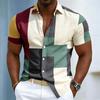 Men's Retro Color Block Button Up Shirt, Multicolor Patchwork Geometric Pattern, Short Sleeve Casual Top for Spring & Summer