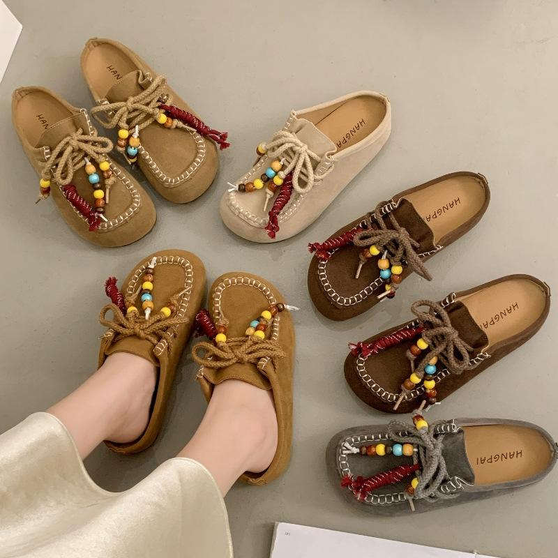 Retro and literary Korean lace-up cool slippers 2025 summer new versatile cool slippers versatile thick-bottomed cool slippers