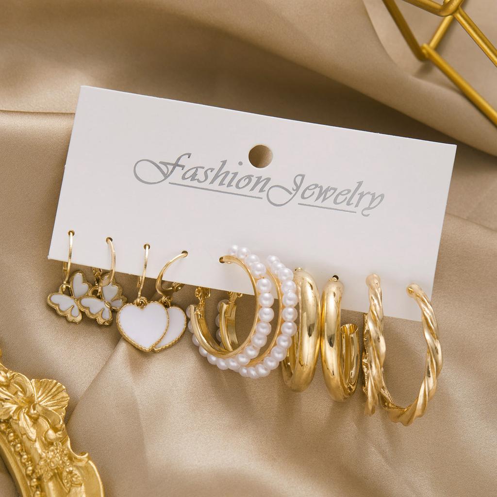 Vintage Geometric Gold Color Hoop Earrings Set Imitation Pearls Acrylic Butterfly Heart Dangle Drop Earrings Trend Jewelry Gifts
