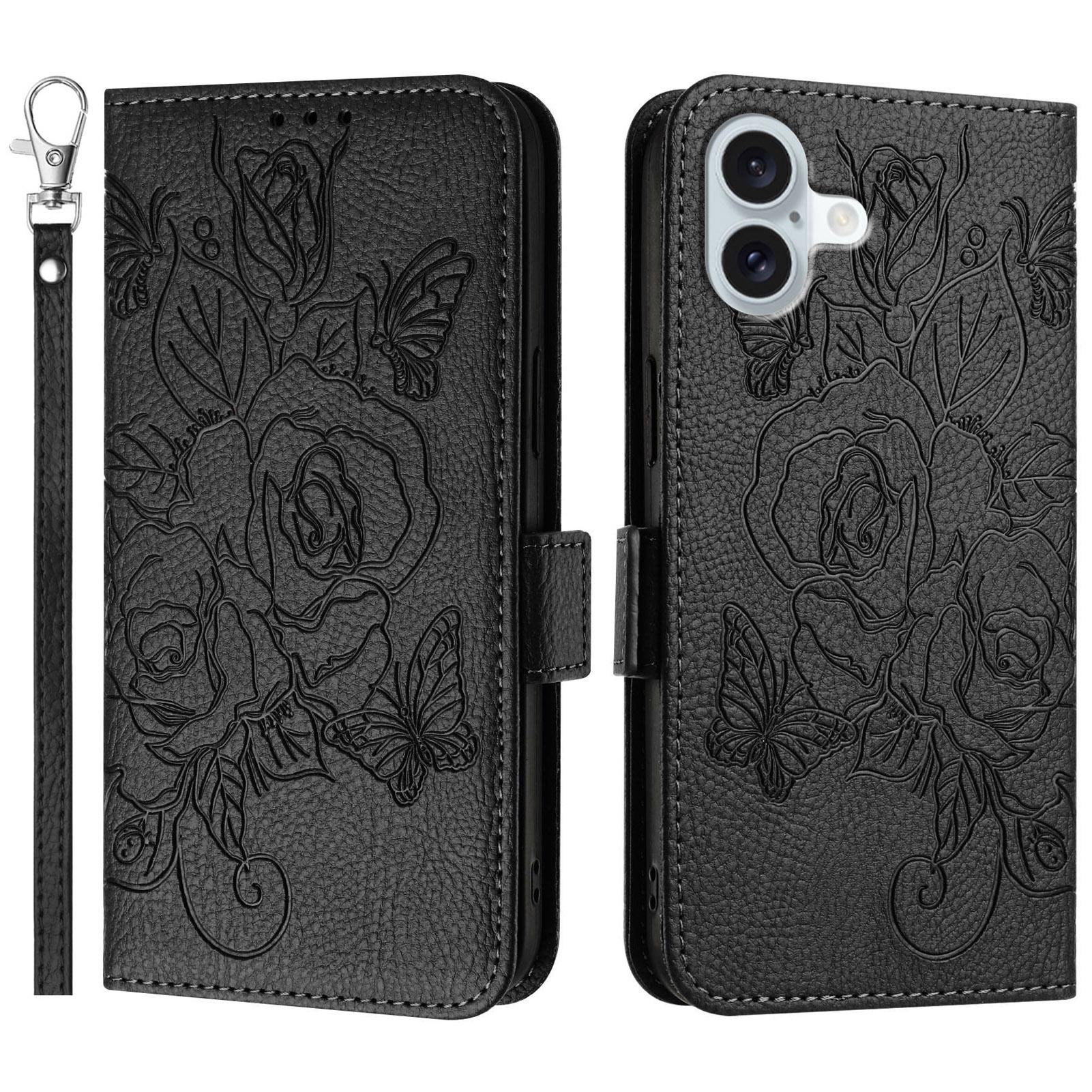 

For iPhone 16 Plus Case Rose Imprinted RFID Blocking Leather Phone Cover with Strap Black