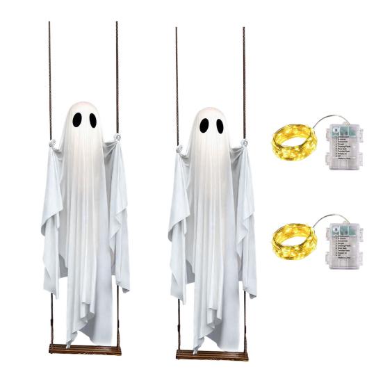 Haunted House Props Halloween Decoration Outdoor Swing Ghost Ornament with Porch LED Lights Adjustable Hanging Spooky Decor