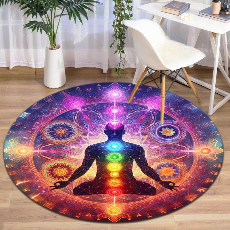 1Pc Chakras Theme Printed Circular Carpet, Home Door Mat, Outdoor Travel Protection Carpet A2
