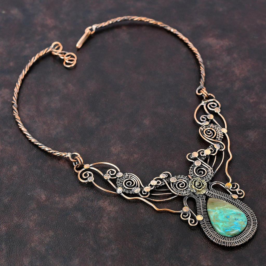 Chrysocolla Necklace Copper Wire Wrapped Necklace Handmade Necklace Gemstone Copper Jewelry Adjustable Necklace Wedding Gift Decent Jewelry