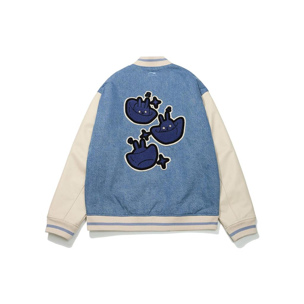 Li Ning Daily Prosperity Theme Print Chinese Character Button Loose Baseball Jacket Men Jacket Blue AJMT007-1