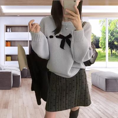 Winter Exquisite Heavy Industry Bow Design Pullover Sweater Round Neck Thickened Knitted Sweater Women