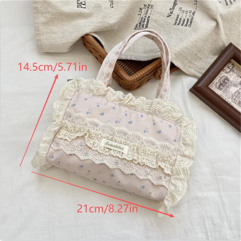 Cute Sweet Lace Floral Handbag Large Capacity Casual Commuting Tote Bag Portable Storage Bag Girl Heart Clutch Cosmetic Bag Gift