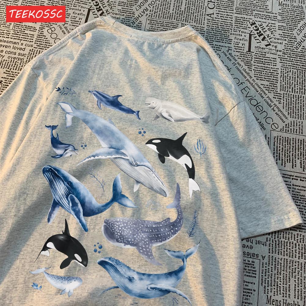 Fashion Cotton WomenS TShirts Ocean And Whales Printing Tops Oversize ONeck Soft Short Sleeve Summer Casual Female Clothes