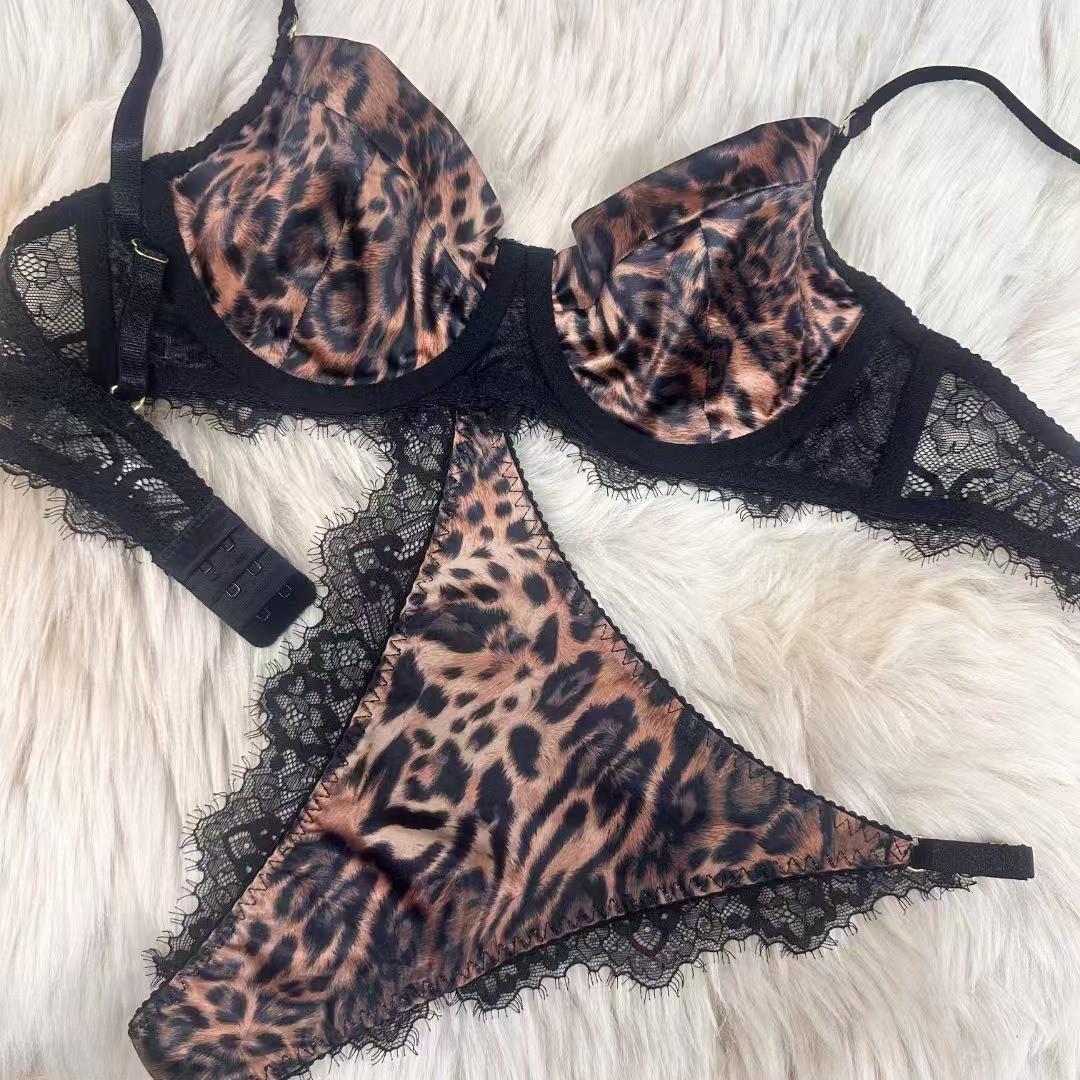 

Сексуальное нижнее белье Французский ультратонкий кружевной бюстгальтер с леопардовым принтом для большой груди, маленький, против провисания, сексуальное нижнее белье S цветной печати леопарда