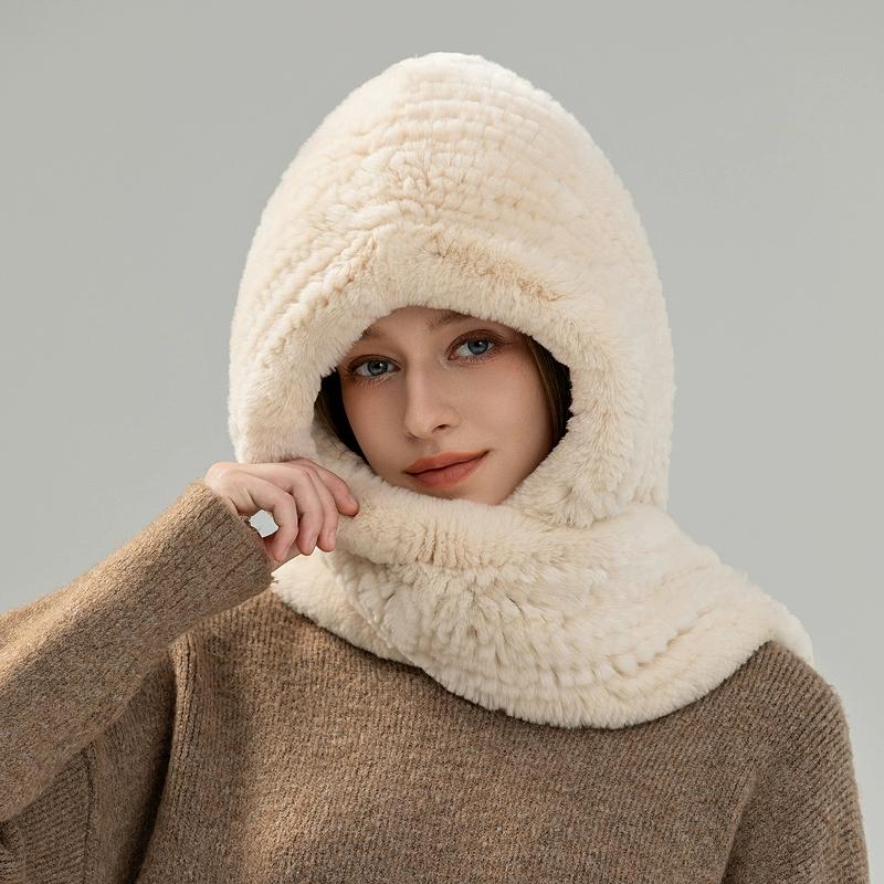 Rex Rabbit Fur Hat Scarf Integrated Snow Cap Winter Warm Ear Protection Shawl Windproof Cap Outdoor Men's and Women's