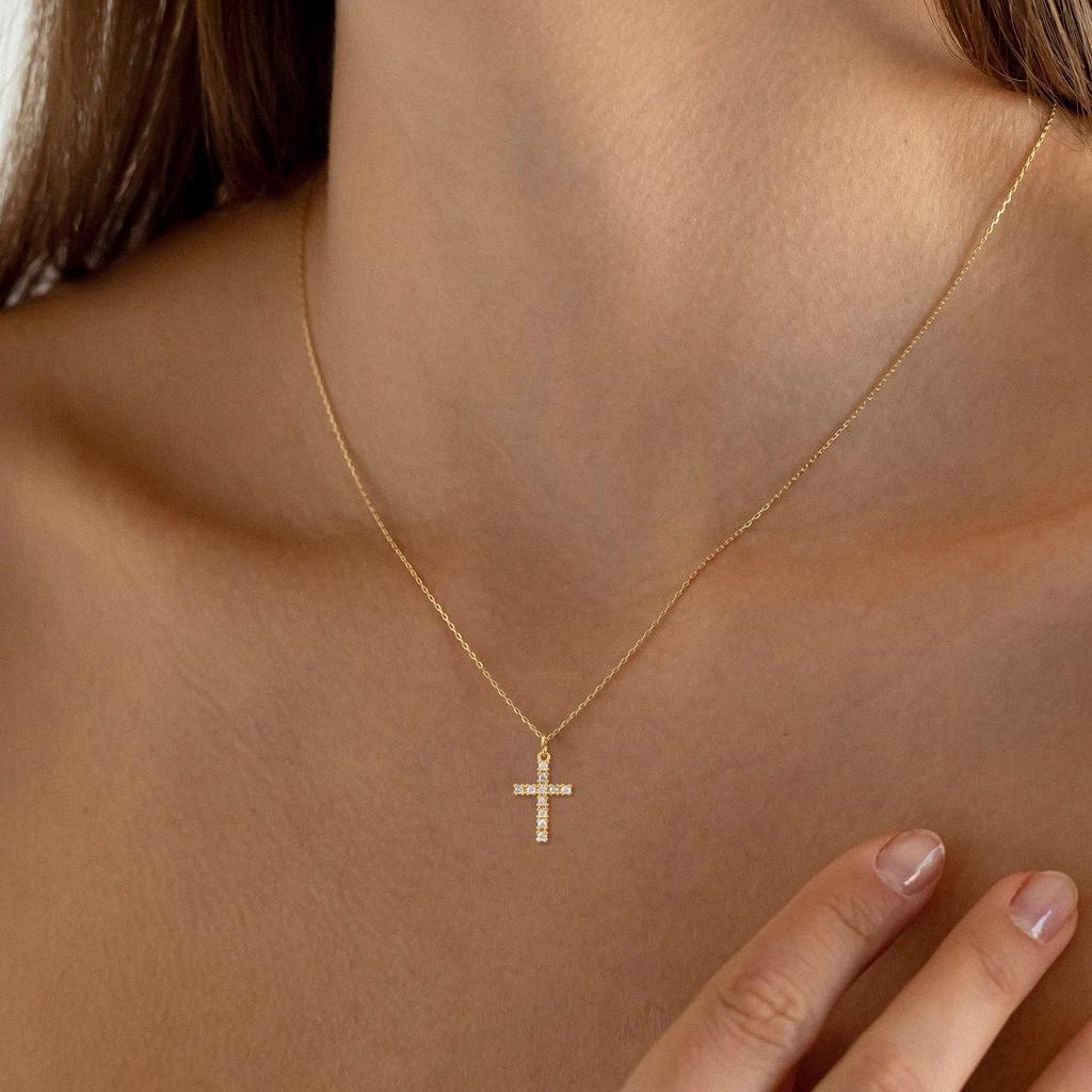 18K Gold-Plated Women's Stainless Steel Cross Necklace with CZ Zirconia