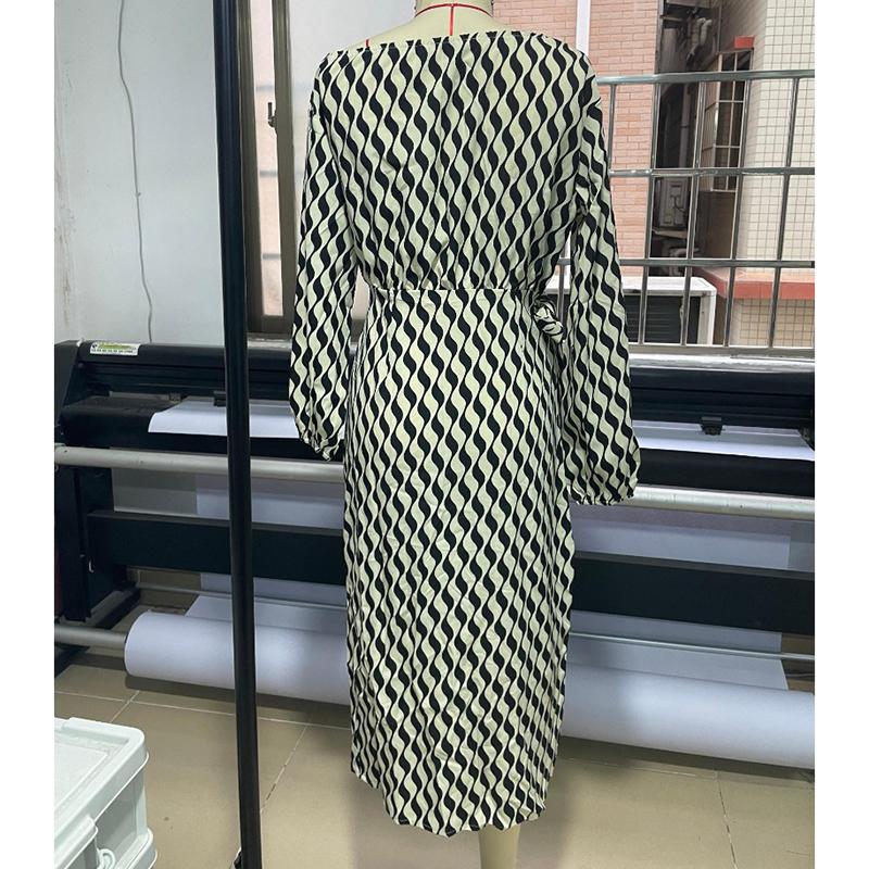 Stylish Long Sleeve Striped Skew Collar Women Sexy Dress Lace-up High Waist Elegant Dresses Women Casual Irregular Split Party Club Female Dress 25936