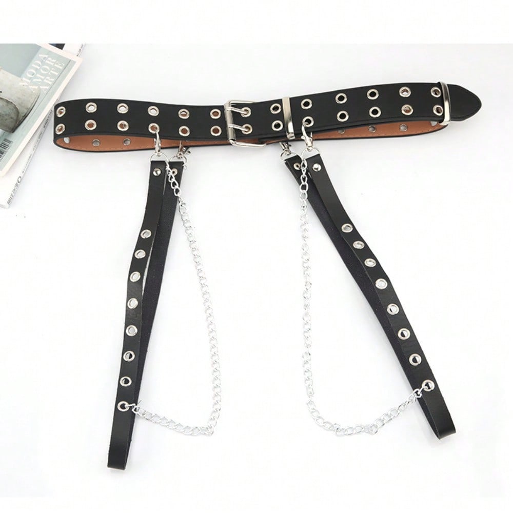Punk Style Double Row Buttonhole Belt Decorative Belt Chain Strap Belt