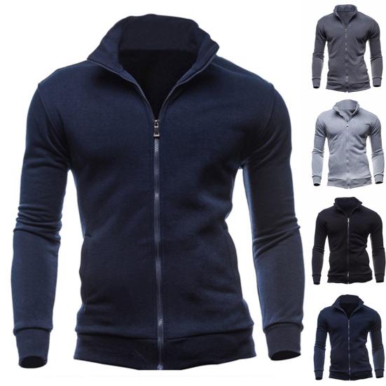 Chic Men Solid Color Stand Collar Long Sleeve Zip Up Casual Coat Jacket Outwear