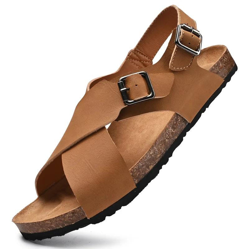 

Summer Breathable Brand Cork Sandals Mens Open Toe Sandals Outdoor Walking Shoes Lightweight Gladiator Male Beach Slippers Flats 46 жёлтый