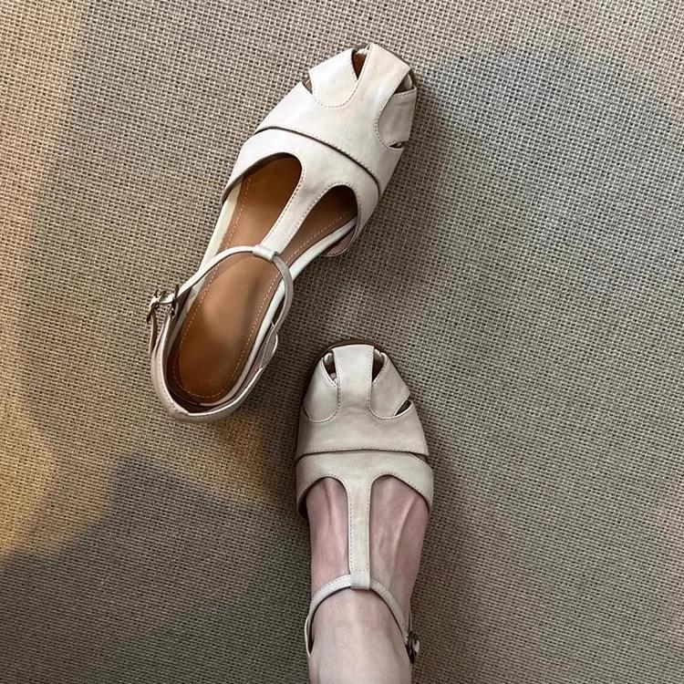 Sheepskin version~ retro round head hollow summer woven sandals women's one-word with hollow thick heel literary style bag head shoes