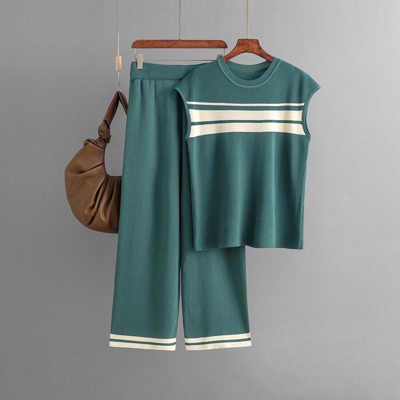 New fashion casual suit loose contrasting color striped sleeveless top + high waist wide leg trousers two-piece set