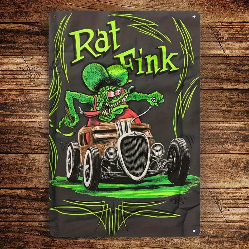 Vintage Rat Fink Metal Wall Art Sign Classic Hot Rod Character with Green Black Retro Design PreDrilled Garage Bar f