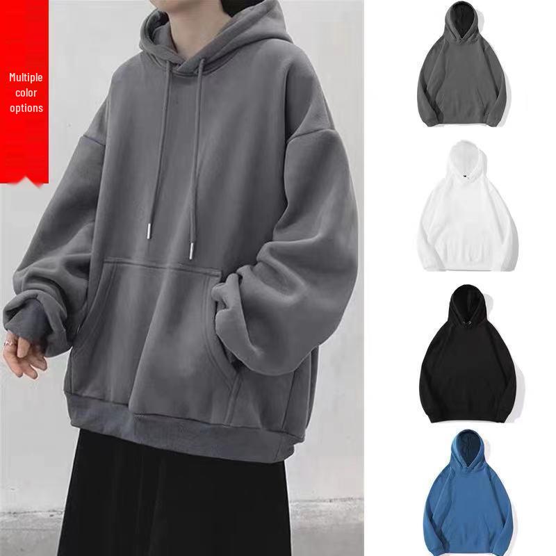 

Men s Trendy Korean Style Hooded Sweatshirt - Autumn/Winter Solid Color Loose Fit, Plush-Lined Pullover L