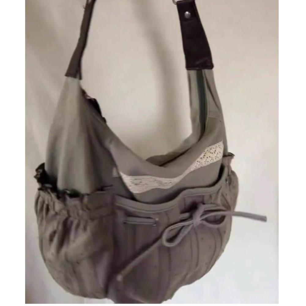 Sweet Cool Bow Canvas Shoulder Bags Women Vintage Drawstring Pocket Chic Casual Crossbody Bag Ladies Retro Messenger Bag Bolsos