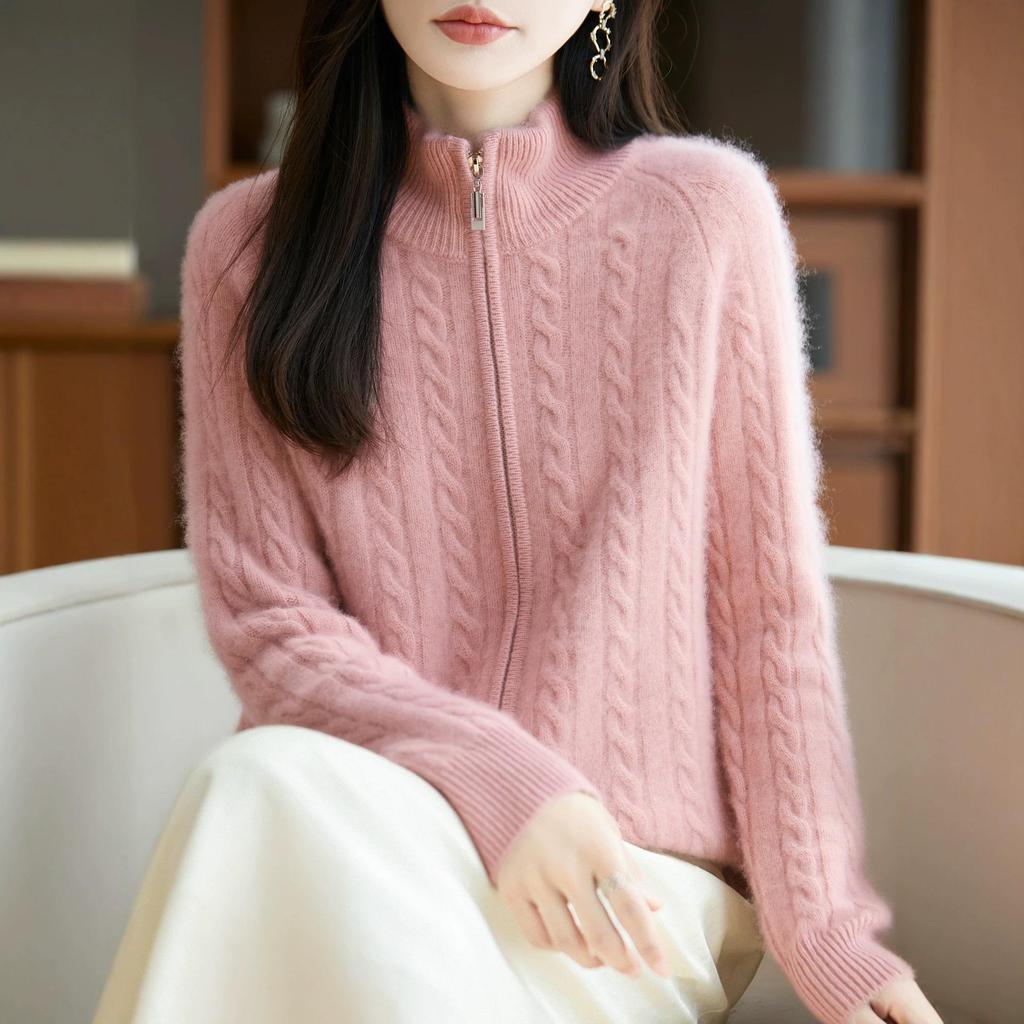 Retro Double Zipper Cable Knit Cardigan – 100% Wool, Seven Gauge, Thickened for Autumn/Winter