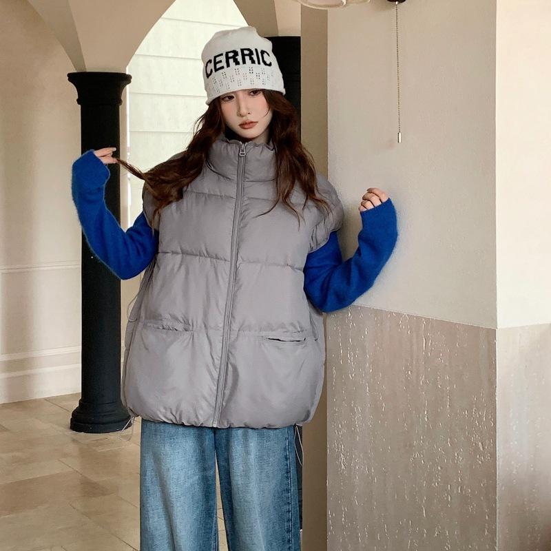 New Women's Clothing Solid Color Zipper Pocket Cotton Clothes Vest Fashion Stand-up Collar Temperament Commuter Jacket