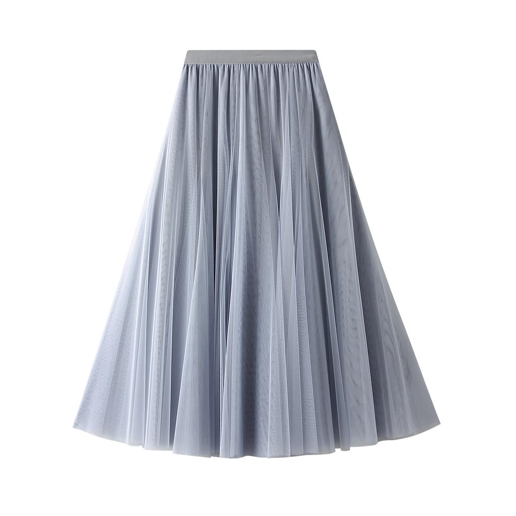 Women's Tulle Skirt Elastic High Waisted A-Line Layered Flowy Long Skirts Pleated Mesh Midi Skirts for Women Casual Beach Ruffle Skirts for Party