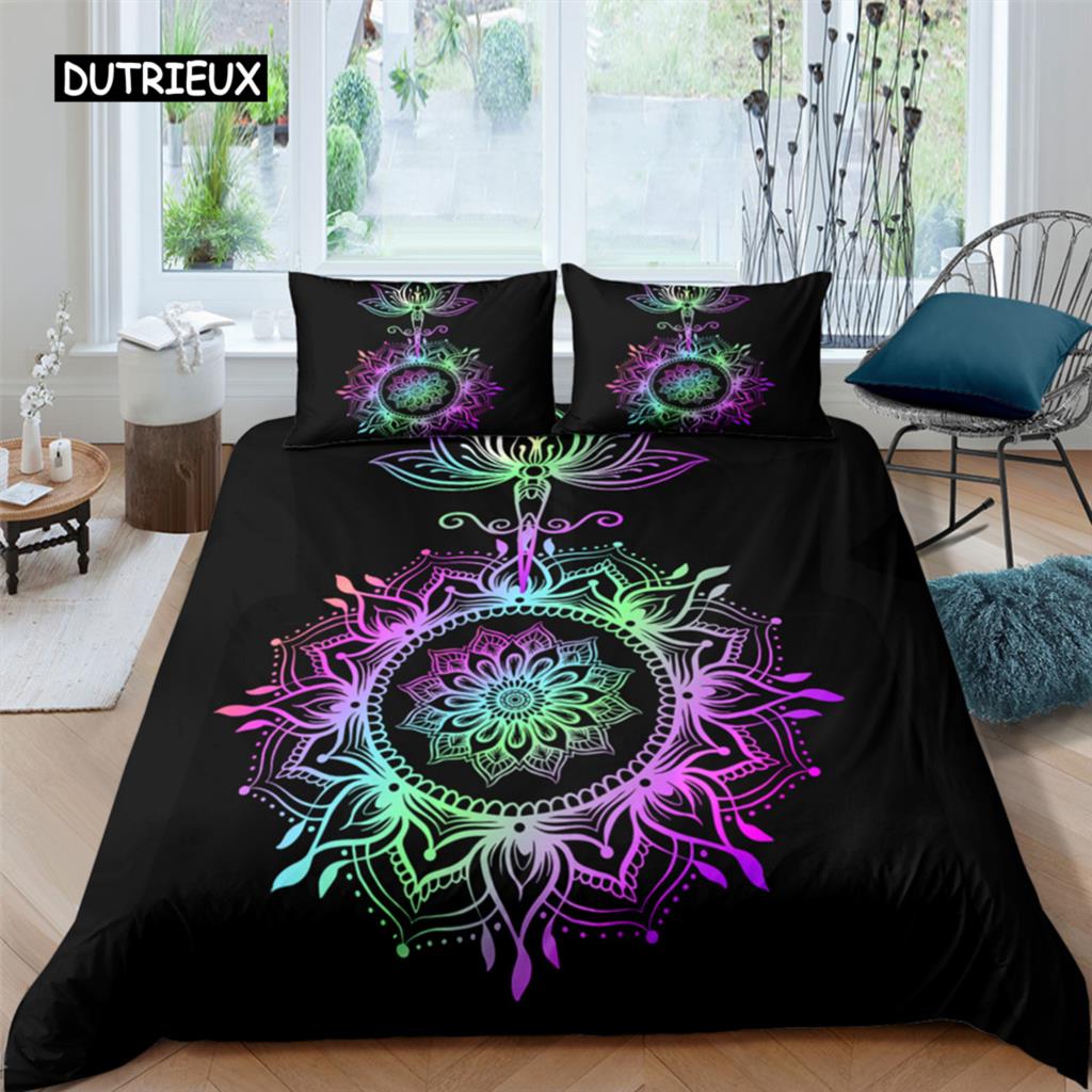 2/3dílná Sada na postel Bohemian Lotus Sada povlaku na přikrývku Mandala Květinový povlak na přikrývku Pro dospělé Černá Polyesterová sada ložního prádla Queen King Twin Pro teenagery