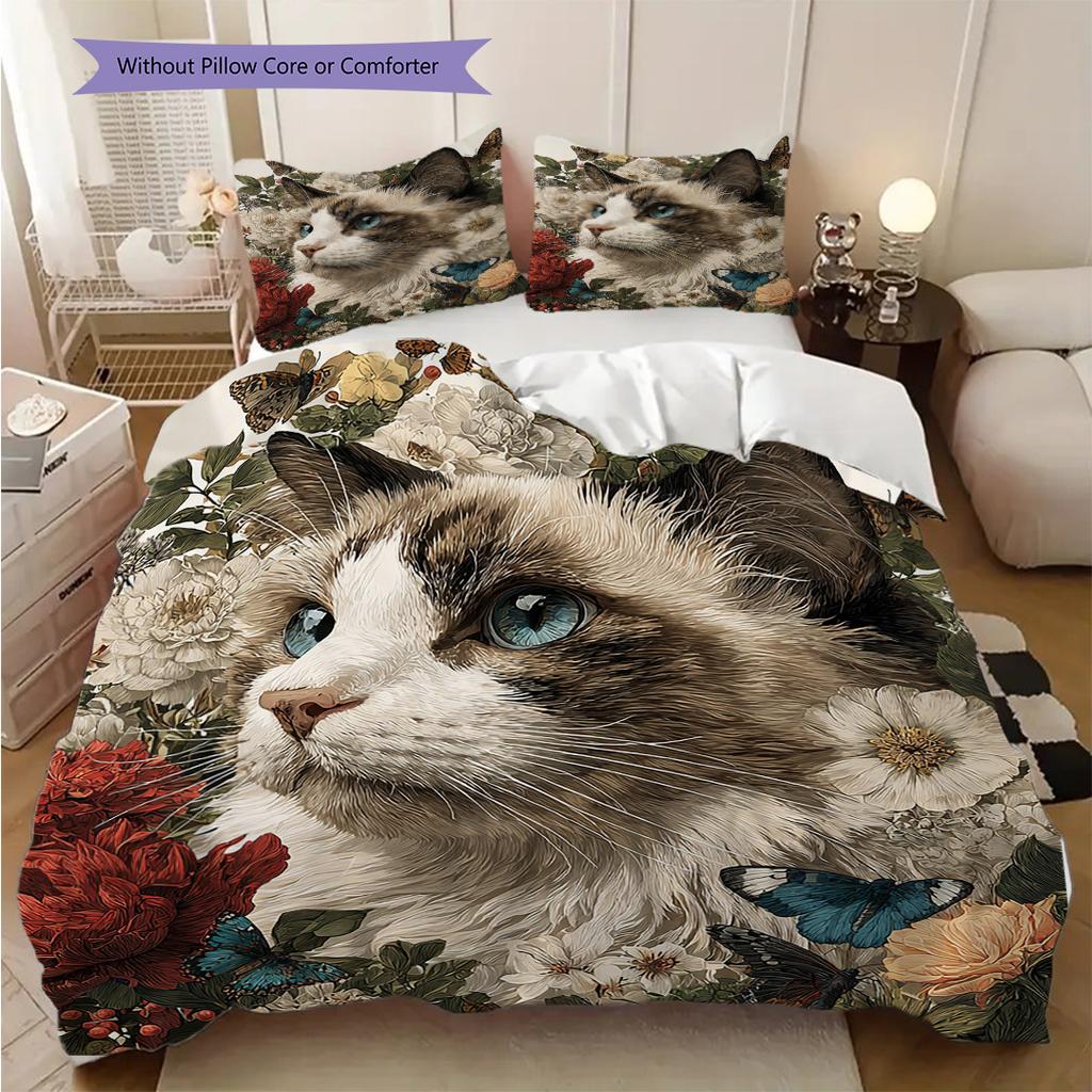 Maine Coon Pattern Bedding Quilt Set Quilt Cover Pillowcase Home Decoration Birthday Gift (1 * Duvet Cover + 2 * Pillowcase, Without Core)