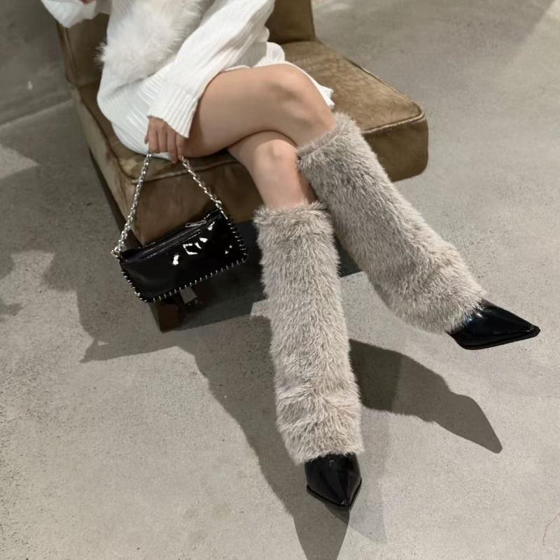 New Women's Furry Warm Knee High Boots Genuine Leather Solid Color Concise Sexy Women Shoes Slip-On Pointy Thin Heels