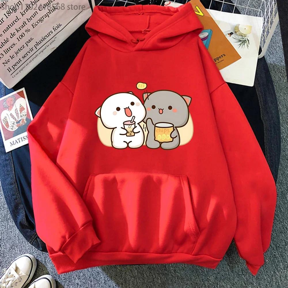 Mochi Peach Cat Hoodies Kawaii Clothing Bubble Tea Graphic Sweatshirts Harajuku Casual Camisetas De Muje Tops Women