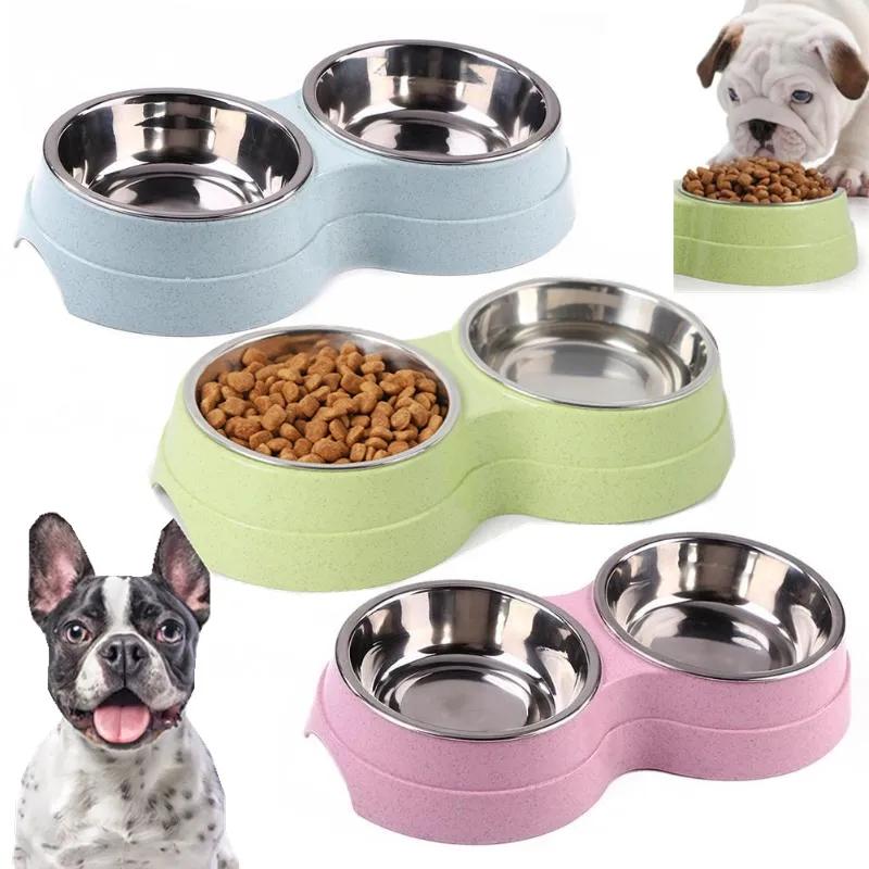 Dog Bowls Double Dog Water and Food Bowls Puppy Stainless Steel Bowls with Non-Slip Resin Station Pet Feeder Bowls for Dogs Cats