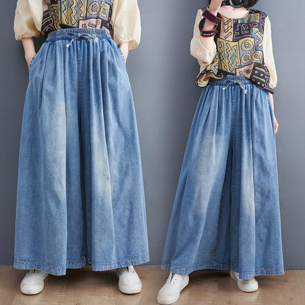 Women's Washed Denim Wide-Leg Pants With Elastic Waist And Tie-Waist Skirt