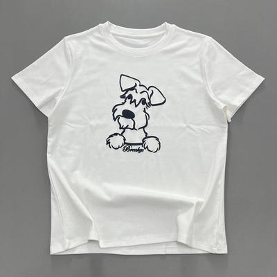 Women's White Round Neck Puppy Print T-Shirt - Short Sleeve, Loose, Versatile, Slimming Top for Spring/Summer