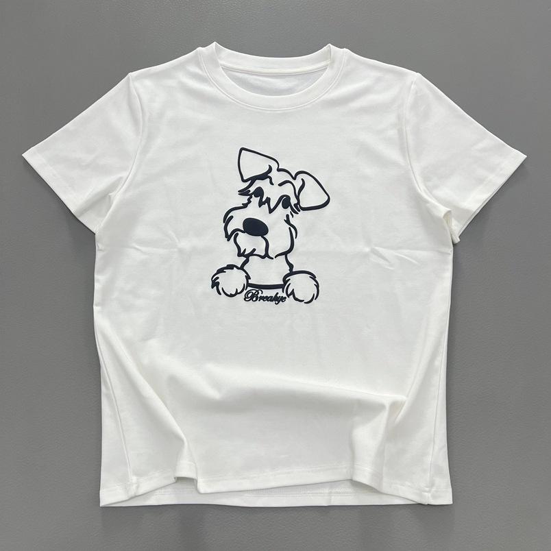 

Women s White Round Neck Puppy Print T-Shirt - Short Sleeve, Loose, Versatile, Slimming Top for Spring/Summer One Size белый