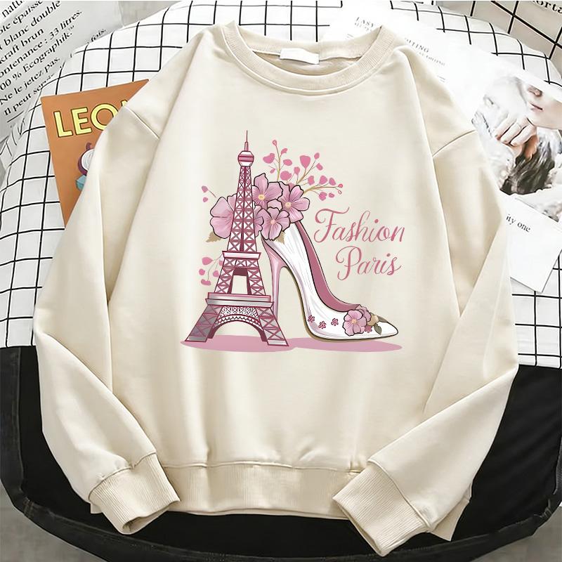 Mode Paris Print Y2k Damen Kapuzenpullover 90er Langarm Warmes Fleece Sweatshirt Weicher Rundhals Pullover Freizeit Damenbekleidung