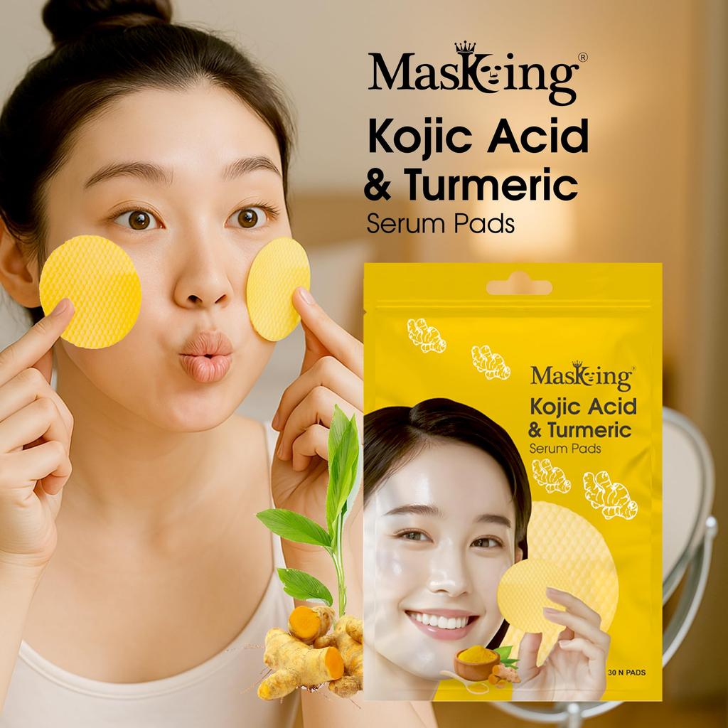 MasKing Kojic Acid & Turmeric Serum Pads for Face - Advanced Brightening, Dark Spot Removal, Deep Hydration & Radiant Glowing Skin | All Skin Types