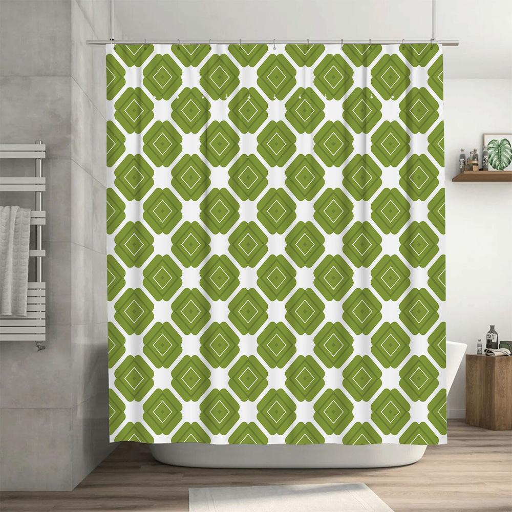 Green and White Bath Shower Curtain with Geometric Pattern Waterproof Home Decor for Bathroom Decoration (Medium Size)