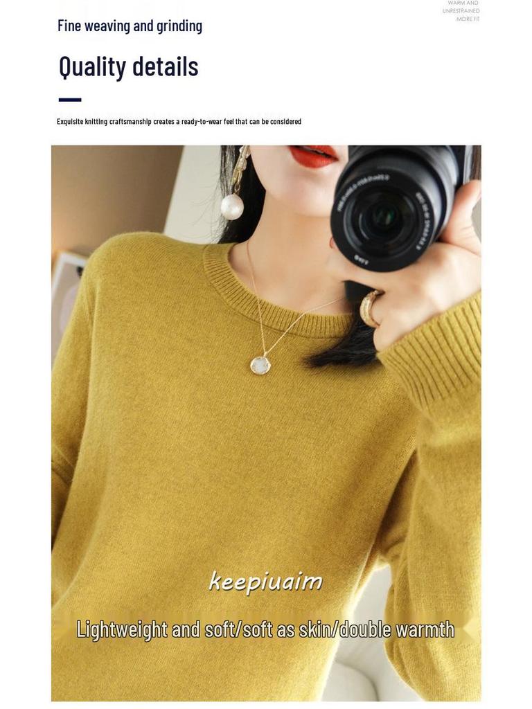Women's Round Neck Solid Color Knitted Pullover Sweater - Autumn/Winter Long Sleeve Korean Style.