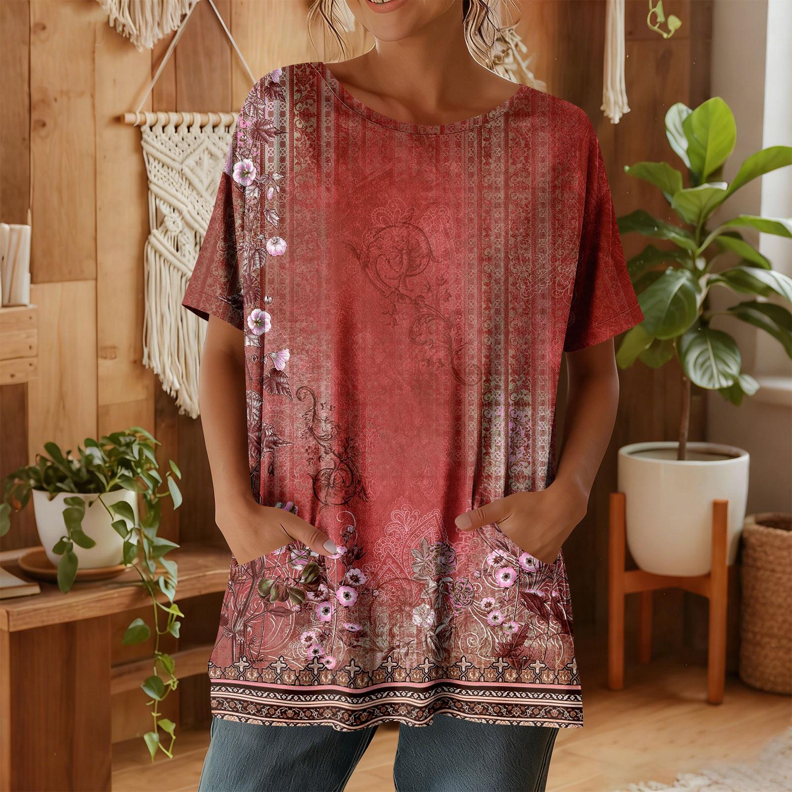 Женская мода повседневный короткий рукав цветочный принт топ XL красный