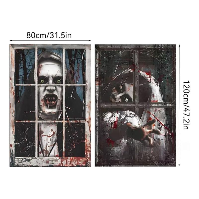 2-Piece Halloween Zombie Ghost Decor Bloody Window Scary Backdrop Outdoor Horror Hanging Cloth Spooky Party Supplies