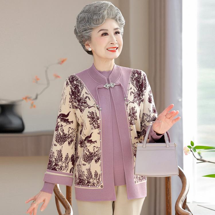 Mom Wears New Knitted Cardigan In Autumn and Winter, Grandma's Temperament and Fashionable Two-piece Sweater Jacket for Middle-aged and Elderly Women