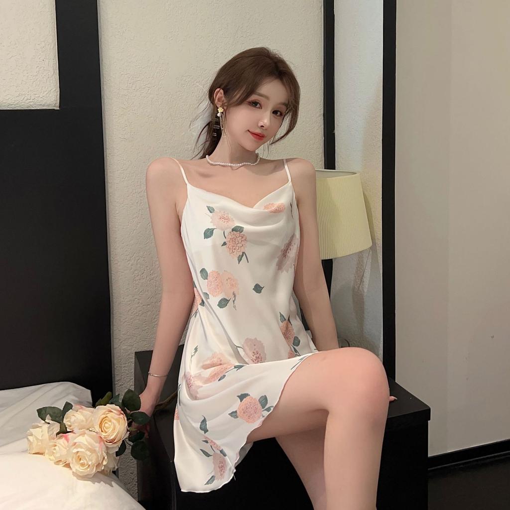Sexy Pajamas Women's Ice Silk Summer Thin Suspender Printing Pure Desire New Swing Collar Nightdress Can Be