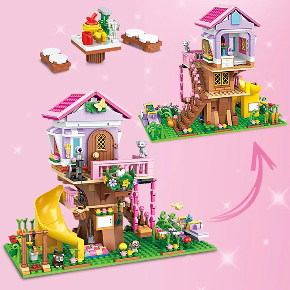 Freundschaft Camping Baumhaus Traum Rutsche Wald Villa Bausteine Mädchen Serie Steine Hütte Modell Zusammenbau Spielzeug Kinder Geschenke