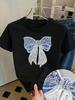 Craft Applique Style - Women's Fashion SpringSummer New Arrival. Niche Design. Sweet and Youthful. Sweet Sequin Pearl Bow 3D Applique Round Neck Short