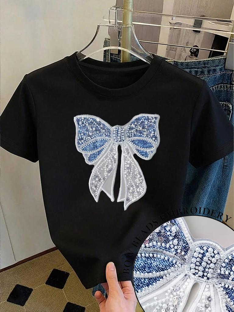 Craft Applique Style - Women's Fashion SpringSummer New Arrival. Niche Design. Sweet and Youthful. Sweet Sequin Pearl Bow 3D Applique Round Neck Short