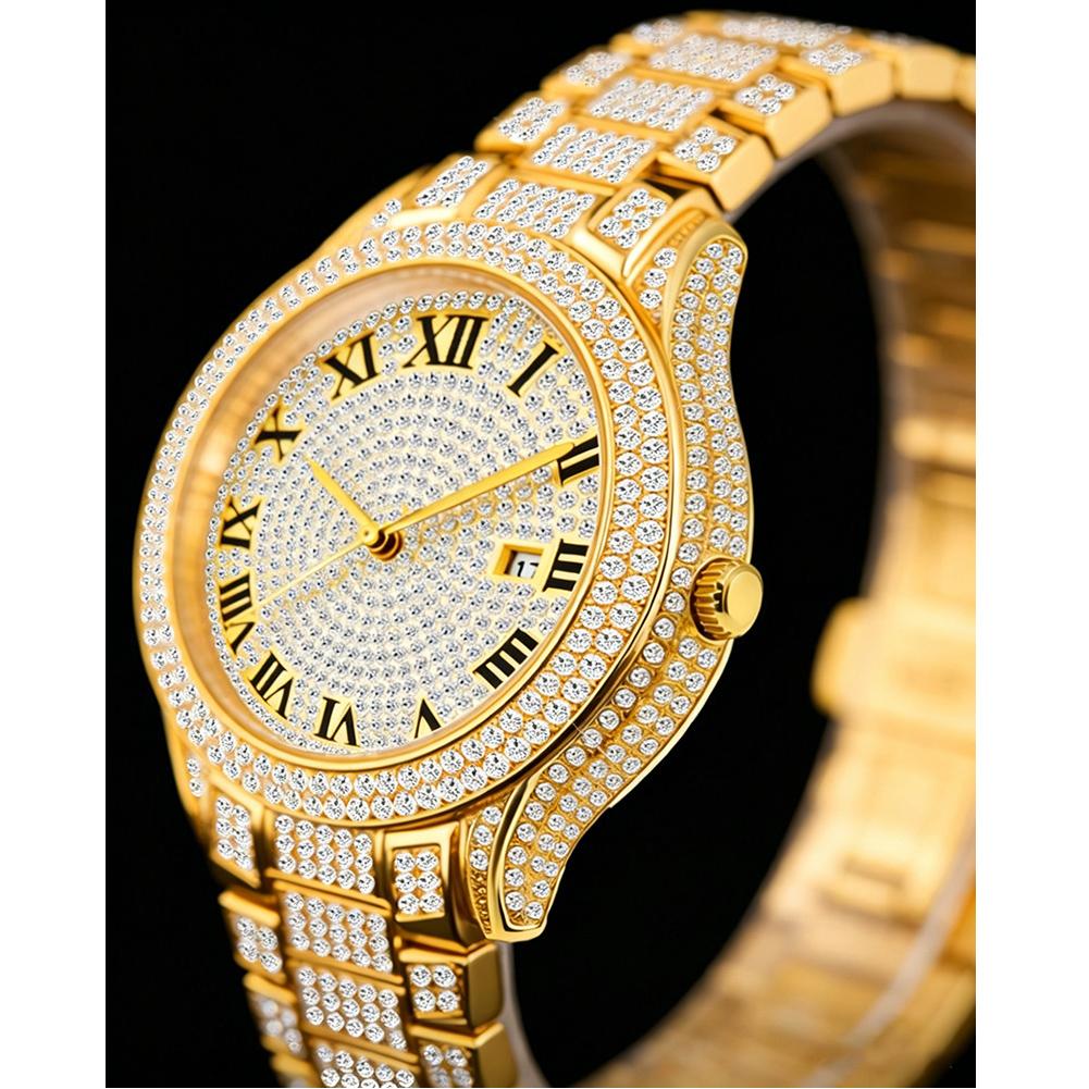 Herren Bling Uhr Vollkristall Zinklegierung Armband Täglich Wasserdicht Luxus Hip Hop Quarz Armbanduhren