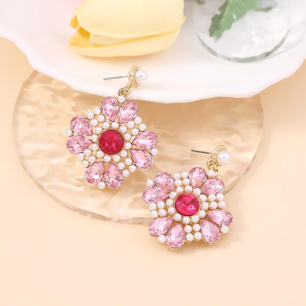 Bohemian style diamond-set rice beads colored four-leaf clover floral flower earrings, temperament imitation pearl earrings
