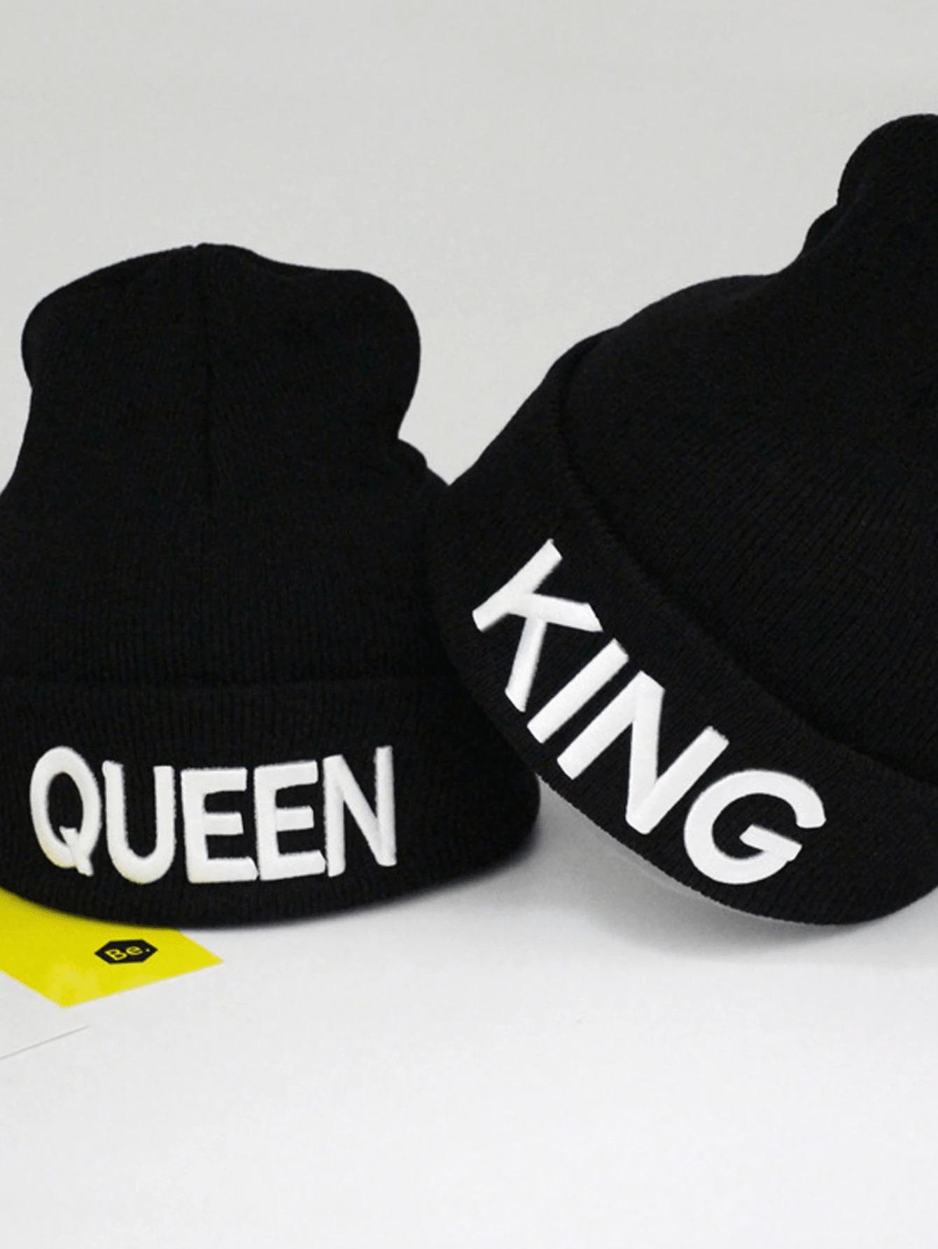 

2 шт. Чорна унісекс в язана шапка з вишивкою queen та king , захист вух, зимова вулична one-size чорний