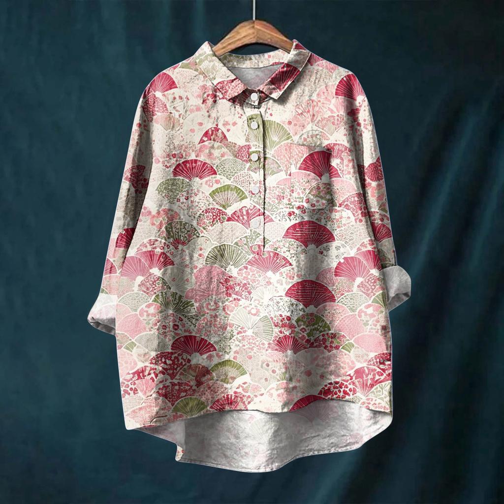 Women's Long Sleeve Shirt Button Vintage Floral Print Casual Hem Irregular Shirt Collar Top